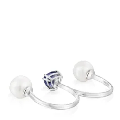 Anillo doble abierto de oro blanco, iolita y perla cultivada Ivette