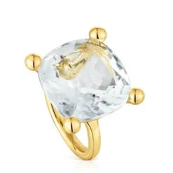 Anillo grande con baño de oro 18 kt sobre plata y cuarzo cristal de roca Color White
