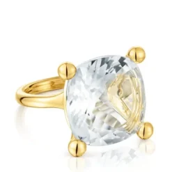 Anillo grande con baño de oro 18 kt sobre plata y cuarzo cristal de roca Color White