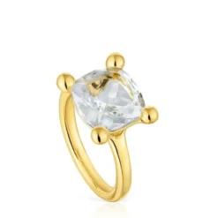 Anillo mediano con baño de oro 18 kt sobre plata y cuarzo cristal de roca Color White