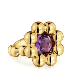 Anillo mediano flor con baño de oro 18 kt sobre plata y amatista Sugar Party