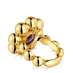 Anillo mediano flor con baño de oro 18 kt sobre plata y amatista Sugar Party