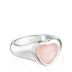 Anillo sello corazón de plata y calcedonia rosa Bold Motif