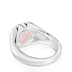 Anillo sello corazón de plata y calcedonia rosa Bold Motif