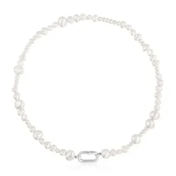 Gargantilla con perlas cultivadas y anilla de plata Hold Oval