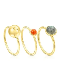Pack de tres anillos con baño de oro 18 kt sobre plata y gemas Plump