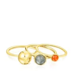 Pack de tres anillos con baño de oro 18 kt sobre plata y gemas Plump