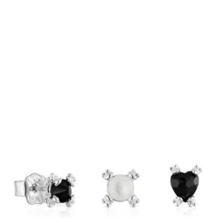 Pack de tres pendientes de plata, ónix y nácar Color Pills