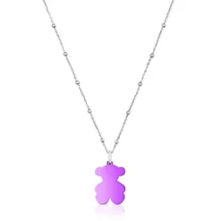 Pack gargantilla de plata y colgante oso de acero en color lila 22 mm Sweet Dolls
