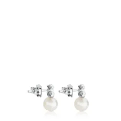 Pendientes botón de oro blanco, perlas cultivadas y diamantes Puppies