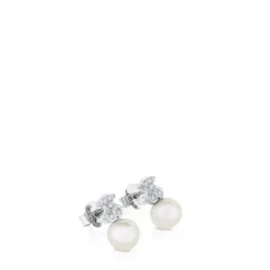 Pendientes botón de oro blanco, perlas cultivadas y diamantes Puppies