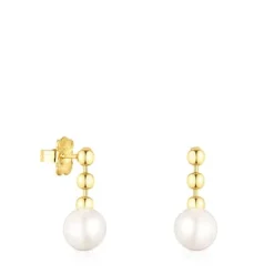 Pendientes cortos bolas con baño de oro 18 kt sobre plata y perla Gloss
