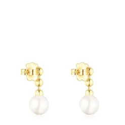 Pendientes cortos bolas con baño de oro 18 kt sobre plata y perla Gloss