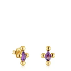 Pendientes cortos con baño de oro 18 kt sobre plata y amatista Sugar Party