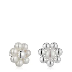 Pendientes cortos de plata flor y perlas cultivadas Sugar Party