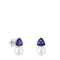 Pendientes de oro blanco, iolita y perla cultivada Ivette