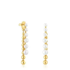 Pendientes largos dobles con baño de oro de 18 kt sobre plata y perlas cultivadas Gloss