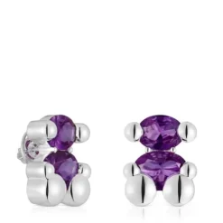 Pendientes motivo oso de plata y zafiro lila creado en laboratorio 23 mm Color Bear LGG