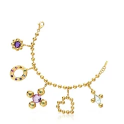 Pulsera cadena con baño de oro 18 kt sobre plata y motivos colgantes con gemas Sugar Party