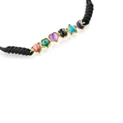 Pulsera con baño de oro 18 kt sobre plata y gemas y cordón negro Glory