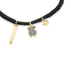 Pulsera con baño de oro 18 kt sobre plata, diamantes y cordón negro Nocturne