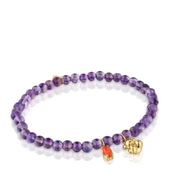Pulsera elástica con baño de oro sobre plata, amatista y cornalina Bold Bear