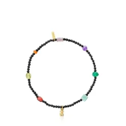 Pulsera elástica con baño de oro 18 kt sobre plata, onix, gemas Bold Bear