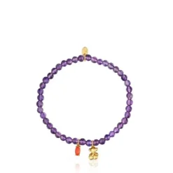 Pulsera elástica con baño de oro sobre plata, amatista y cornalina Bold Bear