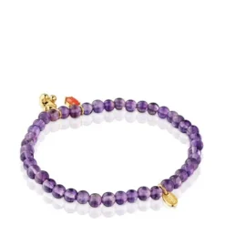 Pulsera elástica con baño de oro sobre plata, amatista y cornalina Bold Bear