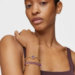 Pulsera elástica con baño de oro sobre plata, amatista y cornalina Bold Bear