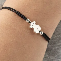 Pulsera oso de plata y cordón negro Sweet Dolls
