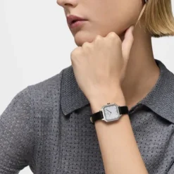Reloj con movimiento suizo analógico de acero con 0,40 ct en diamantes y brazalete de piel negra Les Classiques