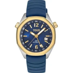 Reloj gmt automático con correa de silicona azul marino, caja de acero IPG dorado y esfera de nácar TOUS Now
