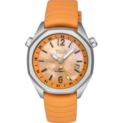 Reloj gmt automático con correa de silicona color salmón, caja de acero y esfera de nácar TOUS Now