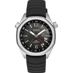 Reloj gmt automático con correa de silicona negra, caja de acero y esfera de nácar TOUS Now