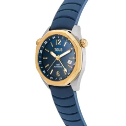 Reloj gmt automático con correa de silicona azul marino, caja de acero IPG dorado y esfera de nácar TOUS Now